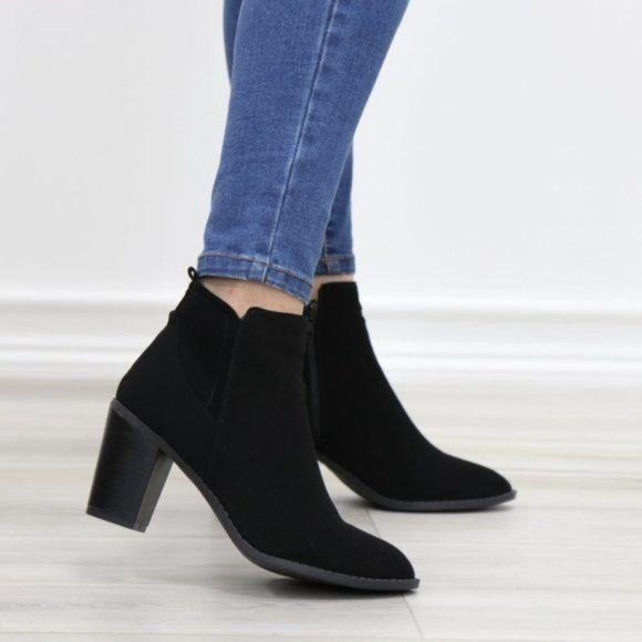 Black Perforated Design Ankle Heeled Boots - Picture 2 of 16